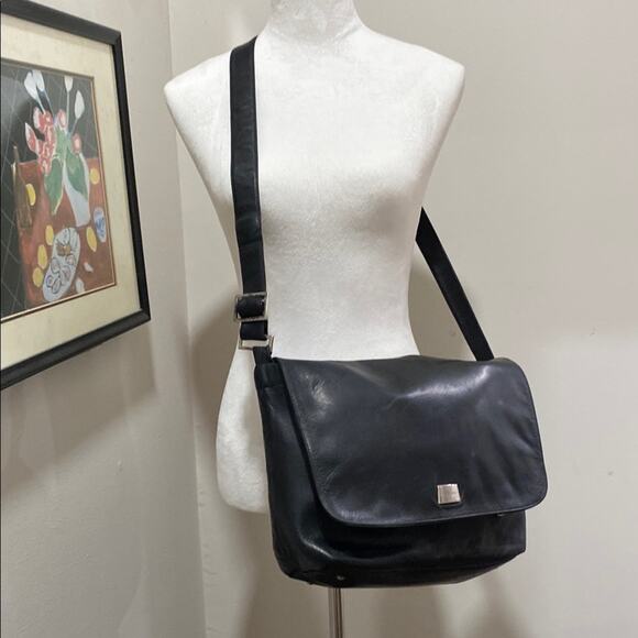 Perlina Black Messenger Bag with Flap-Over Design Adjustable Strap - Picture 1 of 13
